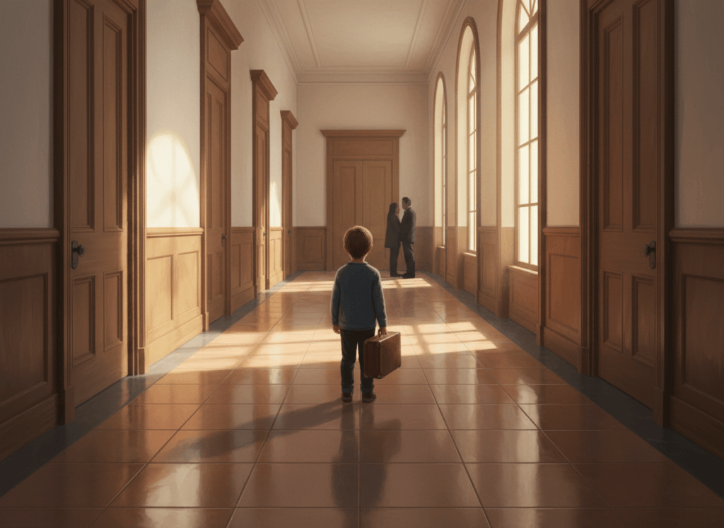 Ilustración: un niño de espaldas, con una pequeña maleta, de pie en el largo pasillo de un juzgado iluminado por una luz cálida.